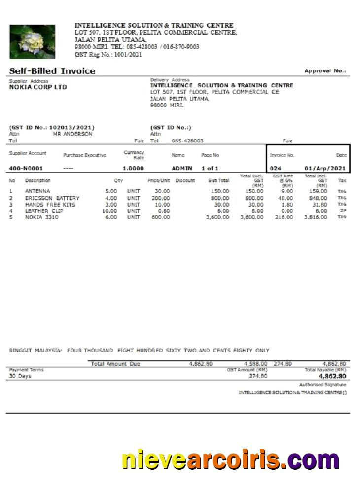 Malaysia Intelligence Solution & Training Centre self-billed invoice